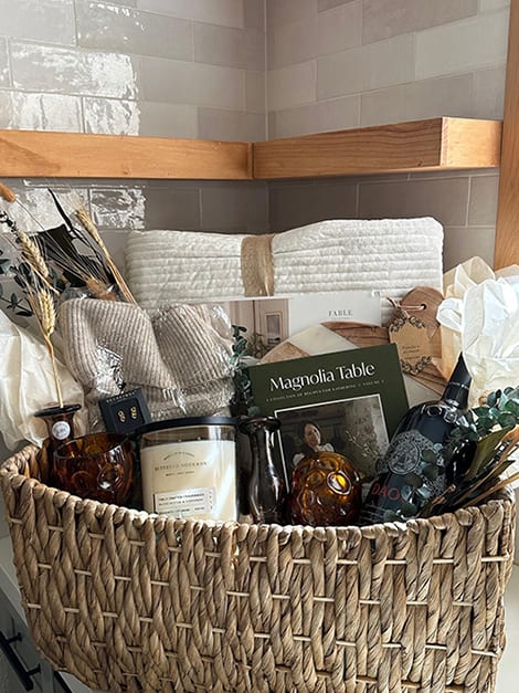 a curated gift basket with a farmhouse style