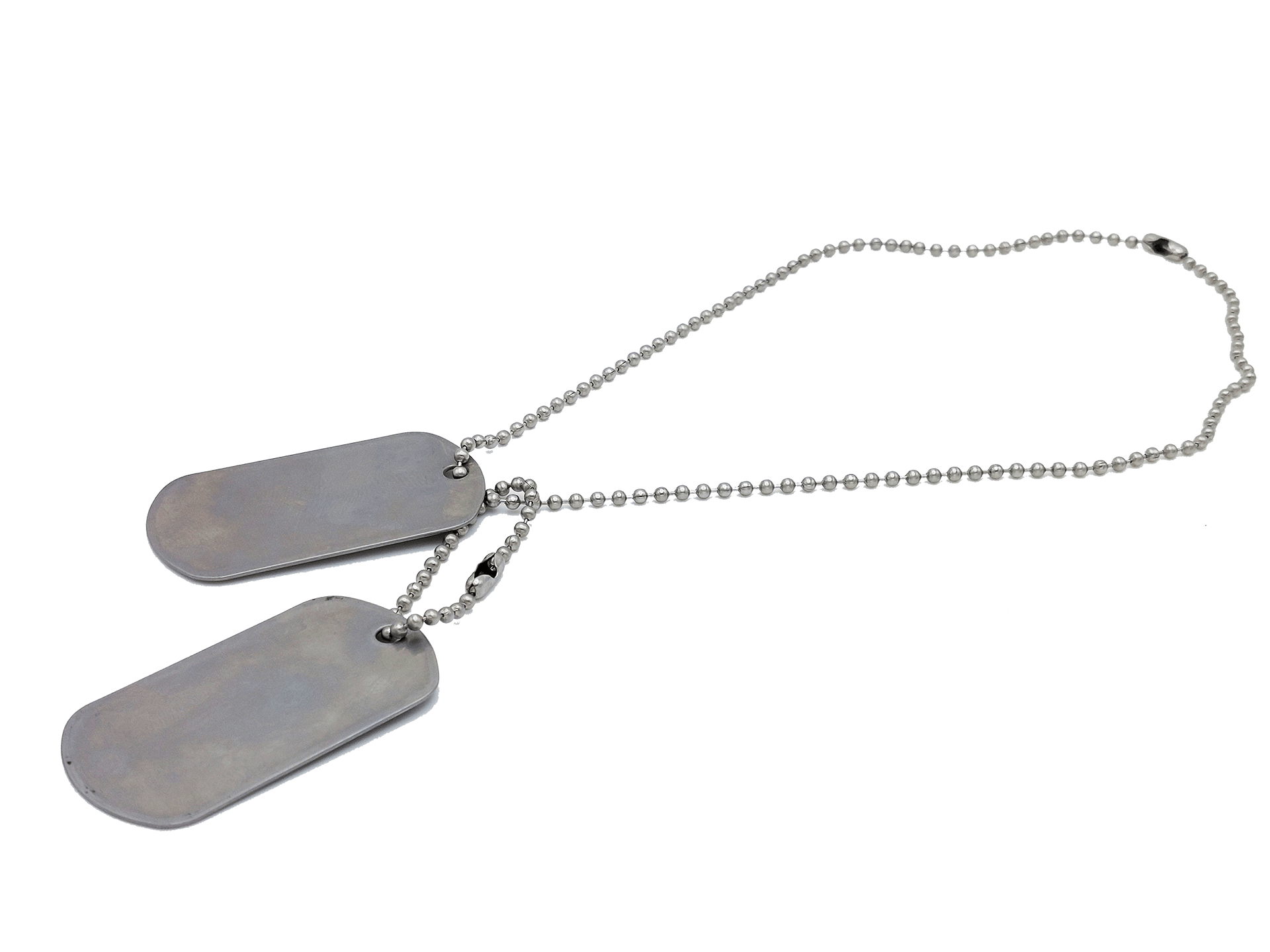 A set of our vietnam era blank dog tags on a metal chain.
