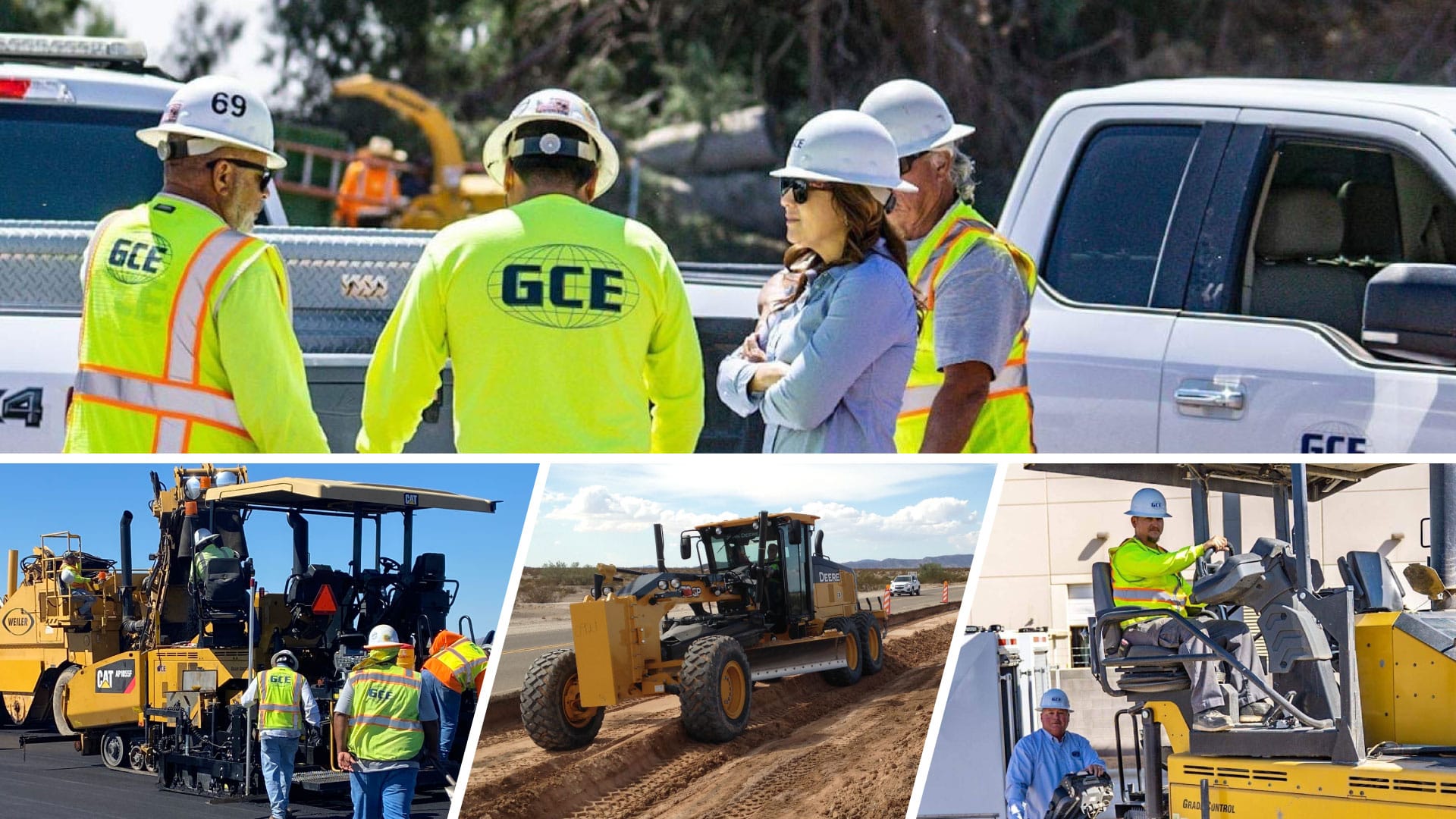 A collage of GCE employees and equipment working on a variety of job sites.