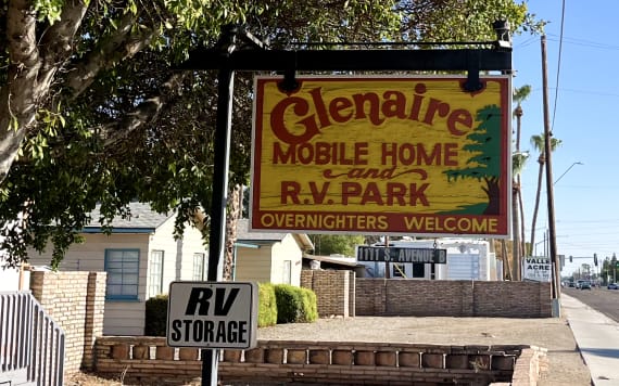 The entrance sign to the Glenaire Mobile HOme and R.V. Park - Overnighters Welcome