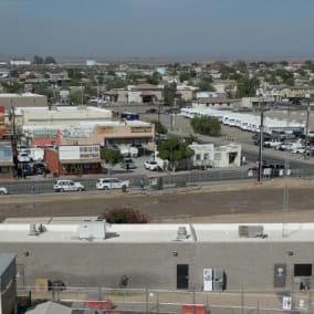 An aerial view of San Luis showing roads leading to the border crossing