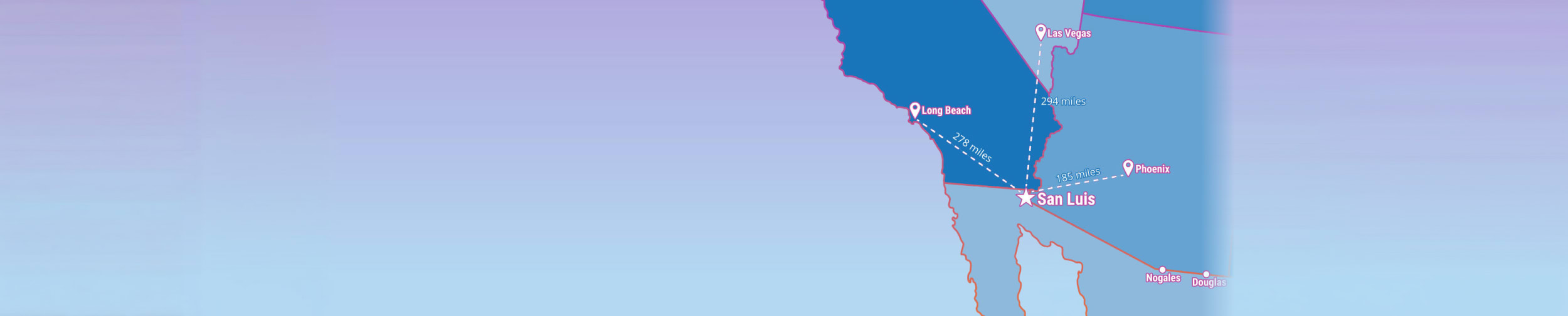 A map showing San Luis's location compared to Long Beach, Phoenix and Las Vegas