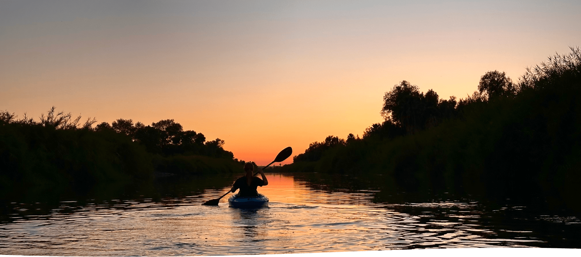 A person kayaks down the calm Colorado River at sunset, surrounded by trees and vegetation on both sides.