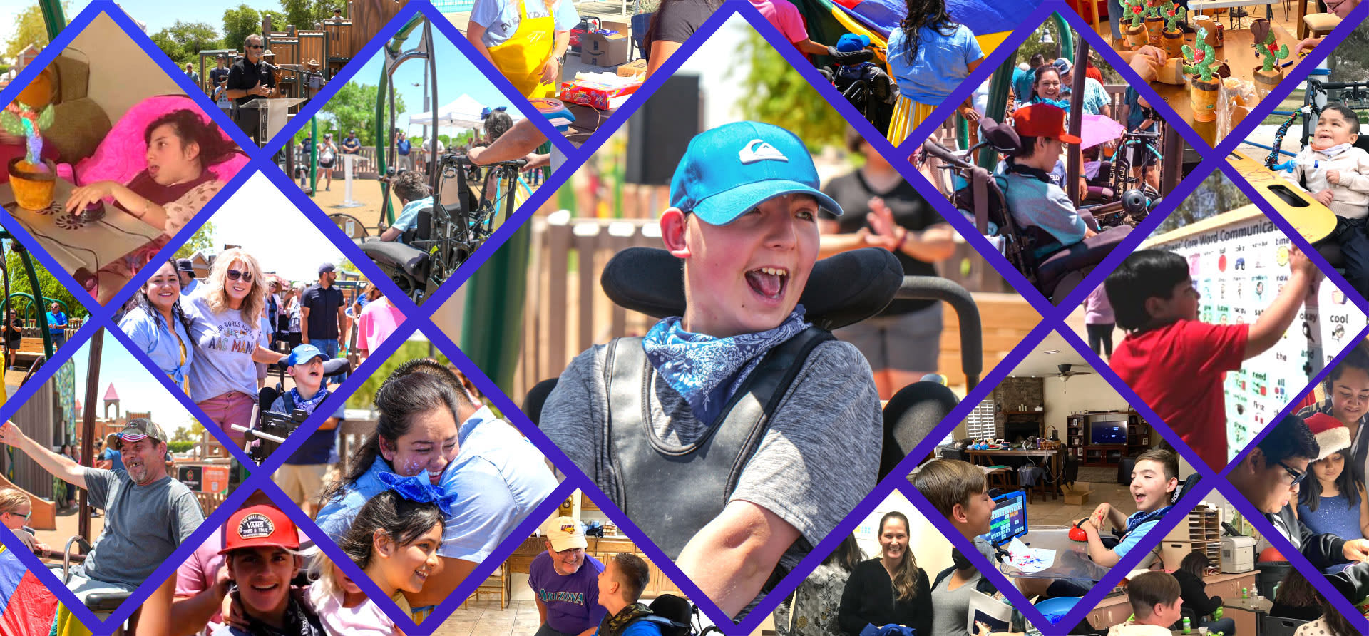 A collage of images showing a variety of happy people enjoying inclusive activities