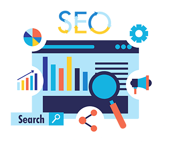 Illustrated graphic representing the different components of Search Engine Optimization and how it can boost your business