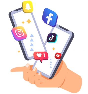 Illustrated graphic of a hand holding two phones with social media icons of all the social media we can manage for you levitating from the screen