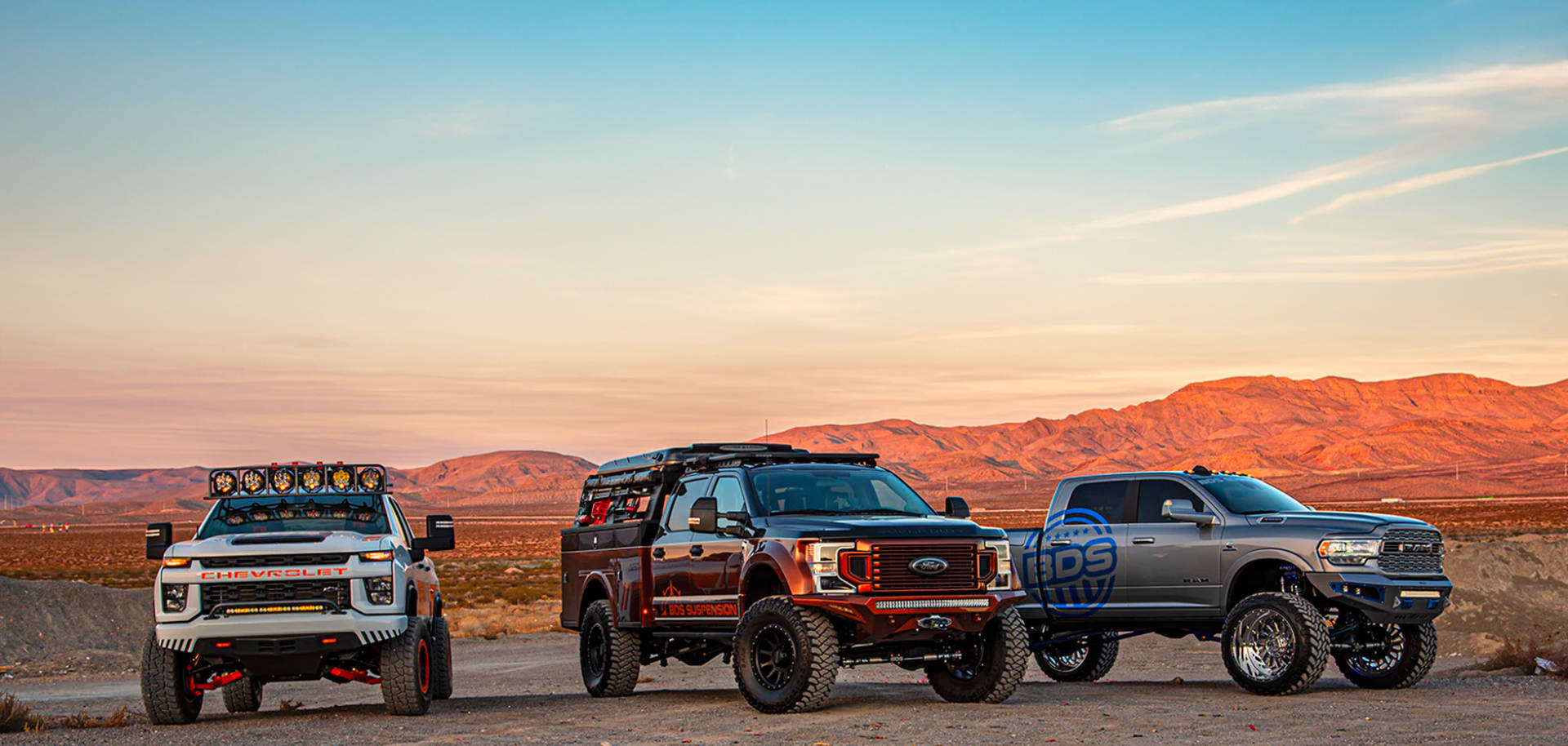 Three Custom Trucks in the desert southwest with BDS Suspension Upgrades