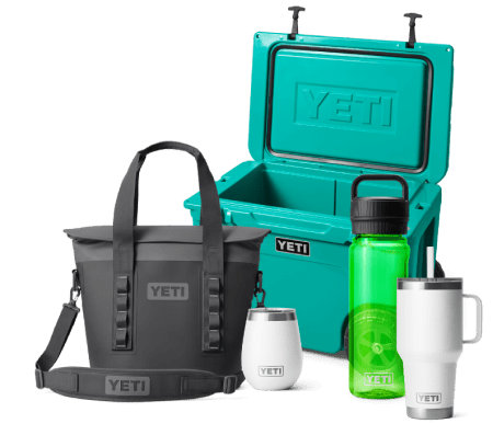 2 YETI coolers and different types of YETI Drinkware